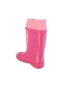 Bottes de pluie en caoutchouc rose avec un dessus texturé rose, un cordon ajustable et une semelle plate. Surface lisse et design à bout arrondi.