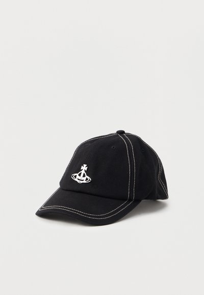 Black baseball cap with white contrast stitching and a white planet and cross logo on the front, displayed on a plain light background.
