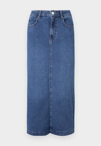 Denim maxi skirt in dark blue, featuring a straight cut, waistband with a button closure, and minimal stitching details.