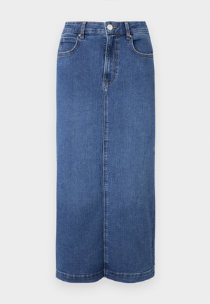 Maxi-Rock aus Denim in Dunkelblau, mit geradem Schnitt, Bund mit Knopfverschluss und minimalistischen Nähten.