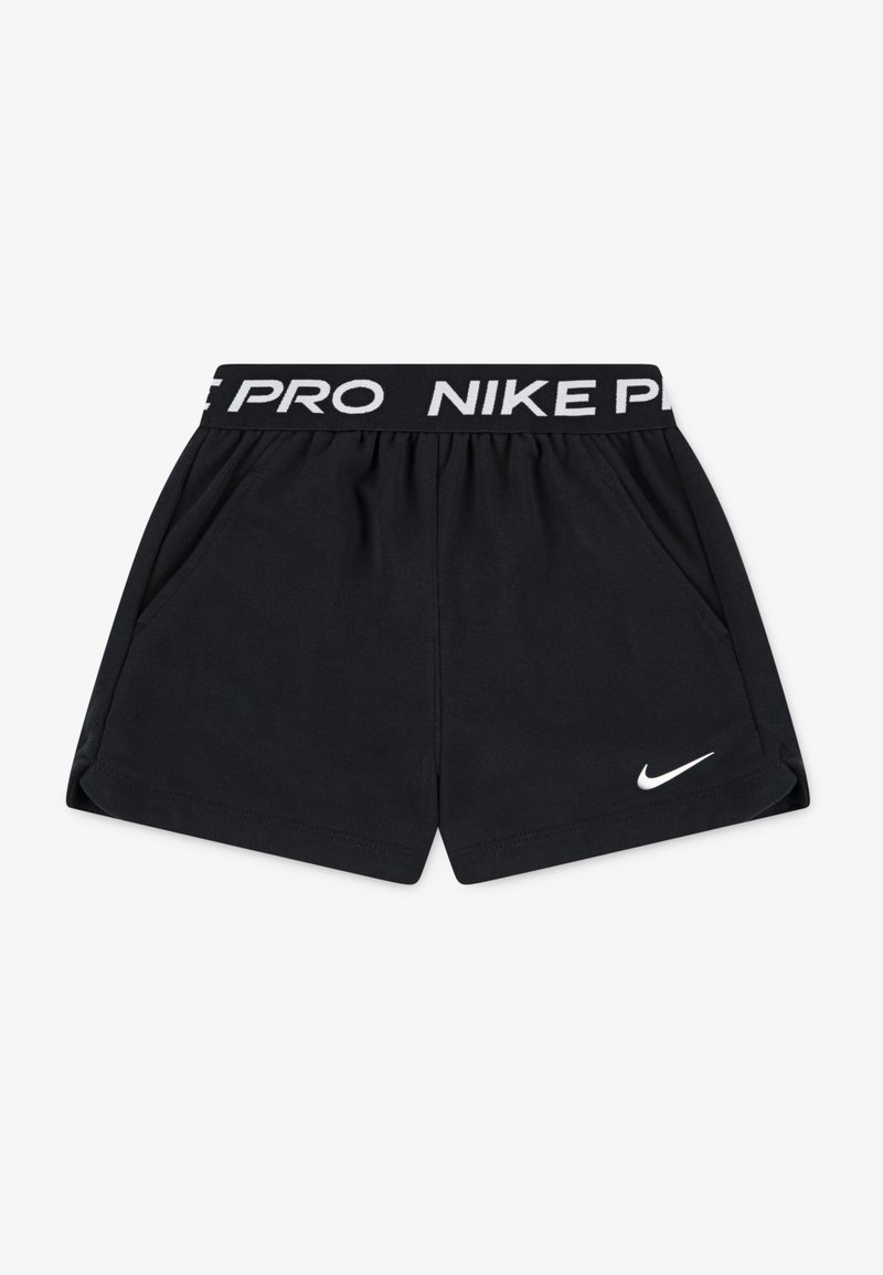 Shorts de sport noirs en tissu doux avec une taille élastique, arborant "NIKE PRO" en blanc et un petit logo Nike blanc sur le côté.