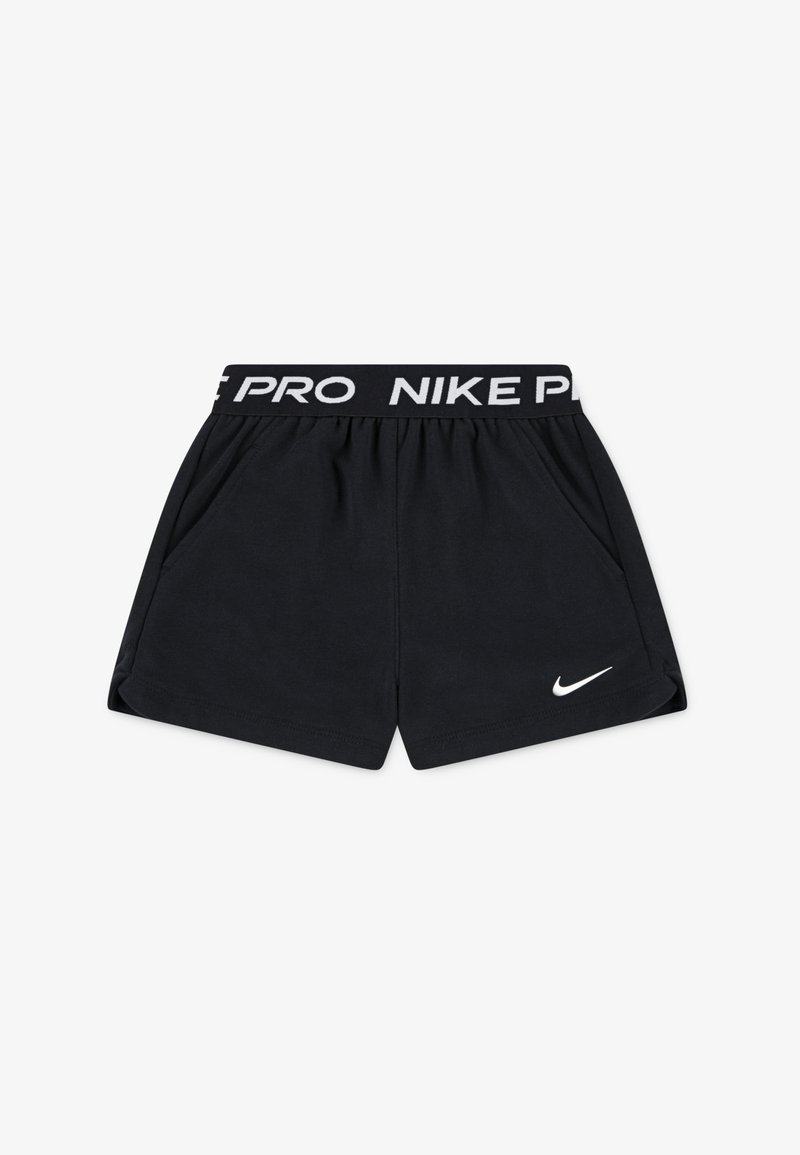 Shorts sportivi neri realizzati in tessuto morbido con una vita elasticizzata, con la scritta "NIKE PRO" in bianco e un piccolo logo Nike bianco sul lato.