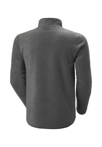 Grijze fleece pullover met een hoge kraag en lange mouwen. Getextureerde stof met een zachte uitstraling en geen zichtbare logo's of details.