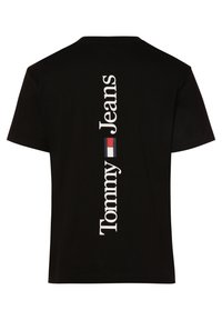 Sort bomulds T-shirt med et vertikalt hvidt tekstlogo "Tommy Jeans" på ryggen, prydet med et lille rødt, hvidt og blåt emblem.