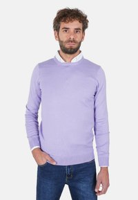 Maglione in maglia viola chiaro con collo tondo, maniche lunghe e polsini e orlo a coste, indossato sopra una camicia bianca con colletto, abbinato a jeans blu.