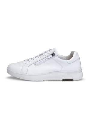 Weißer Sneaker mit niedrigem Schaft, Schnürung vorne, seitlichem Reißverschluss und strukturierter Sohle, im Profil auf weißem Hintergrund gezeigt.