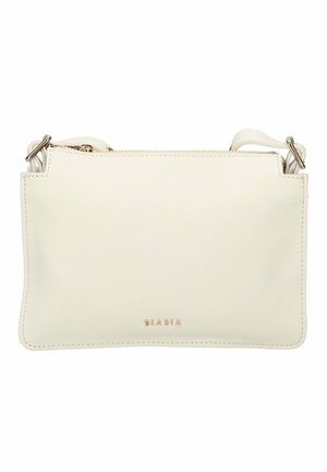 Borsa a tracolla in pelle color crema con ferrature dorate, chiusura a cerniera e logo "BIASIA" impresso al centro frontale.