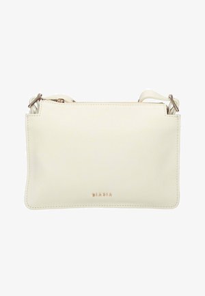 Borsa a tracolla in pelle color crema con ferrature dorate, chiusura a cerniera e logo "BIASIA" impresso al centro frontale.