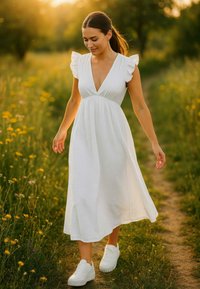 Robe blanche longueur genoux avec des manches à volants, décolleté en V profond et taille froncée ; assortie à des baskets blanches sur un chemin naturel.