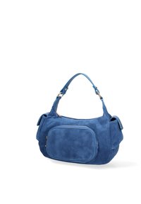 Borsa a tracolla in blu scamosciato con una tasca zip frontale, tasche laterali con alette e bottoni, e una maniglia singola con dettagli in metallo dorato.