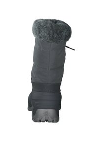 Grå vandtæt støvle med en plysset grå faux fur krave, tekstureret stofoverdel og en solid sort gummisål. Har forstærket syninger.