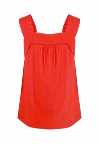 Red cotton tank top with a square neckline, scalloped edges, and gathered details at the front. Features wide shoulder straps and a loose fit.