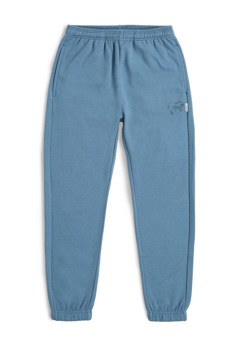 Blauwe sweatpants met een elastische tailleband, twee zijzakken en een aansluitende boorden bij de enkels. Heeft een klein hartjesontwerp en een merklabel.