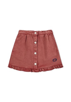 Jupe en denim rouge avec une fermeture par boutons à l'avant, ourlet volanté et détails brodés. Présente une taille ajustée et une forme évasée.