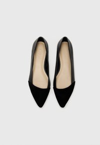 Svarte ballet-flater med et glatt skinnoverside og spiss suede tå. Innvendig har de beige polstring. Elegant design med minimalistisk silhuett.