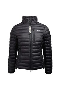 Veste matelassée noire avec col montant, fermeture éclair avant, poches poitrine et latérales zippées, et logo "JACKIT" sur la poitrine et la tirette de la fermeture éclair.