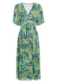 Robe maxi en tissu léger et fluide avec un motif de feuilles tropicales vertes et bleues, dotée d'un décolleté en V profond, de manches courtes et d'une taille cintrée.