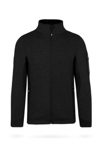 Schwarze Fleecejacke mit hohem Kragen, durchgehendem Reißverschluss und seitlichen Reißverschlusstaschen. Mit kontrastierenden schwarzen Paneelakzenten an den Ärmeln.