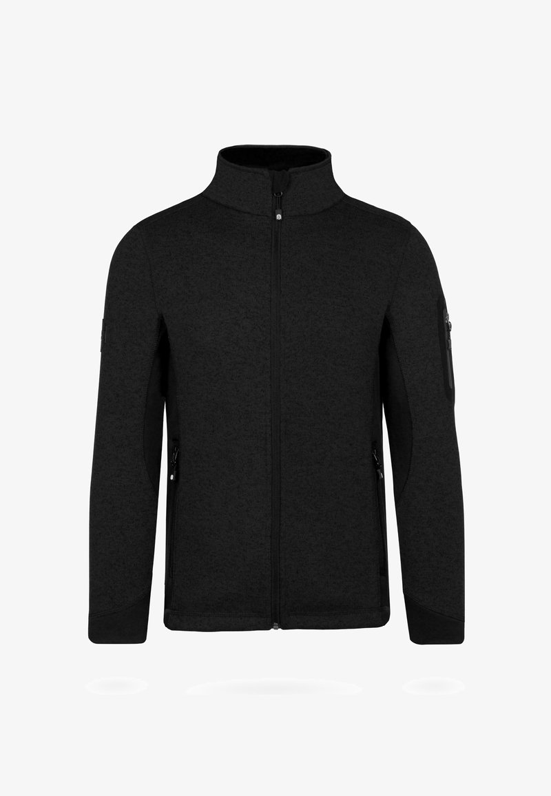 Schwarze Fleecejacke mit hohem Kragen, durchgehendem Reißverschluss und seitlichen Reißverschlusstaschen. Mit kontrastierenden schwarzen Paneelakzenten an den Ärmeln.