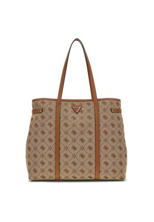 Tote bag made of beige fabric with a textured pattern and brown leather accents. Features two long handles and a logo plaque on the front.