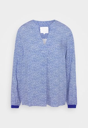 Long-sleeve blue blouse with small white floral pattern, V-neckline, and solid blue cuffs, displayed on a white background.
