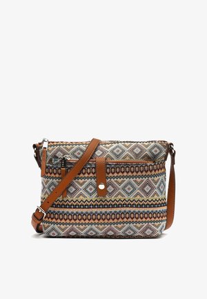 Sac bandoulière avec sangle en cuir marron réglable, tissu tissé géométrique multicolore, poches avant zippées et à bouton-pression.