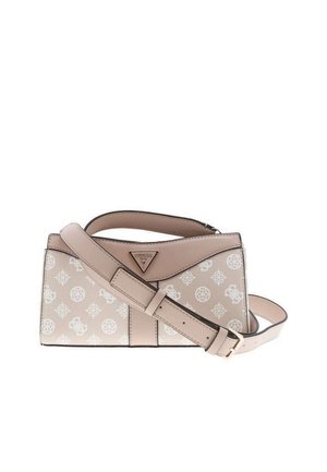 Sac à main synthétique beige avec des accents blancs à motifs, un logo triangulaire, un design géométrique, une anse supérieure et une sangle d'épaule ajustable.