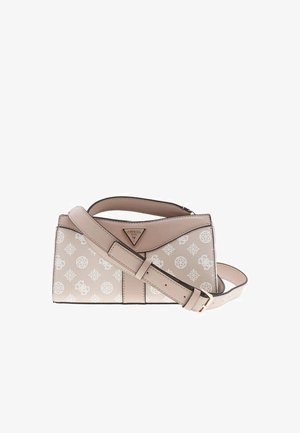 Sac à main synthétique beige avec des accents blancs à motifs, un logo triangulaire, un design géométrique, une anse supérieure et une sangle d'épaule ajustable.