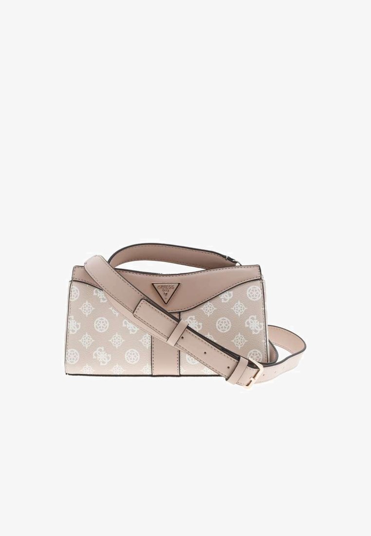 Sac à main synthétique beige avec des accents blancs à motifs, un logo triangulaire, un design géométrique, une anse supérieure et une sangle d'épaule ajustable.