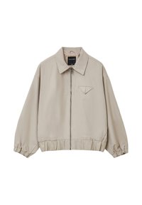Beige leichte Jacke mit Reißverschluss, lässiger Schnitt, elastische Bündchen und Saum, mit einer kleinen Brusttasche mit spitzem Klappen.