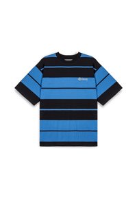 Camiseta de rayas con franjas horizontales en azul y negro, hecha de algodón. Corte holgado con mangas cortas y escote redondo. Detalle de pequeño logo.