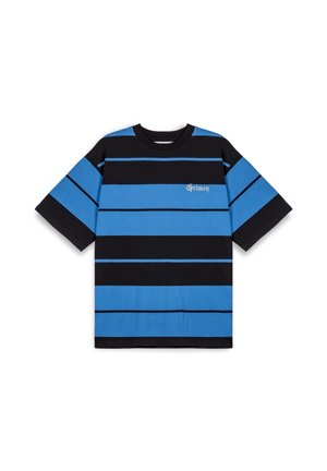 Camiseta de rayas con franjas horizontales en azul y negro, hecha de algodón. Corte holgado con mangas cortas y escote redondo. Detalle de pequeño logo.
