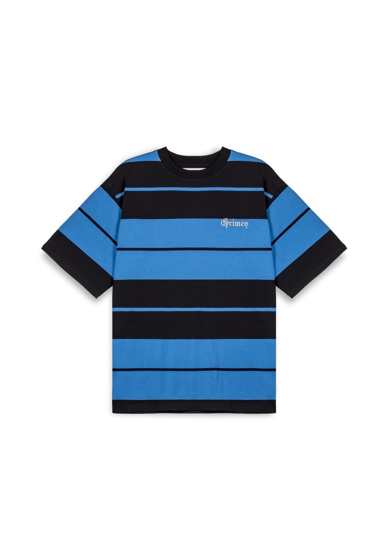 Camiseta de rayas con franjas horizontales en azul y negro, hecha de algodón. Corte holgado con mangas cortas y escote redondo. Detalle de pequeño logo.