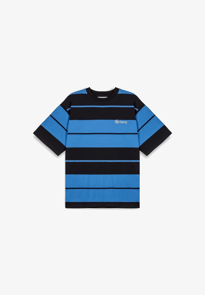 Camiseta de rayas con franjas horizontales en azul y negro, hecha de algodón. Corte holgado con mangas cortas y escote redondo. Detalle de pequeño logo.