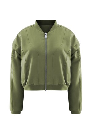 Giacca bomber cropped in verde oliva con zip frontale, colletto rotondo e spalle imbottite. Tessuto liscio con dettagli nelle cuciture.