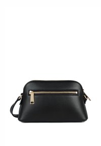 Borsa a tracolla in pelle nera con finitura texturizzata, caratterizzata da una chiusura con zip color oro, una tasca frontale con zip e una tracolla regolabile.