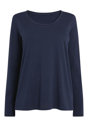Navy blue long-sleeve shirt with round neckline, simple design, and regular fit.