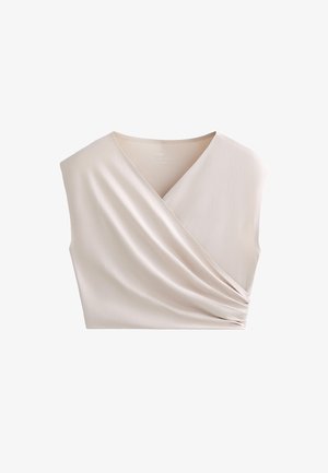 Weißes, kurzes Oberteil mit tiefem V-Ausschnitt und drapiertem Design. Weicher Stoff mit glatter Textur und gerafftem Seitendetail.