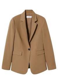 Blazer camel marrone a un bottone con rever a taglio e due tasche a pattina frontali, esposto su uno sfondo bianco.
