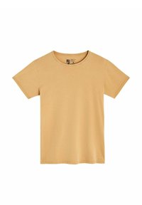 T-shirt à manches courtes, col rond en coton jaune clair, avec une texture douce et un petit logo sur le bas à l'avant.