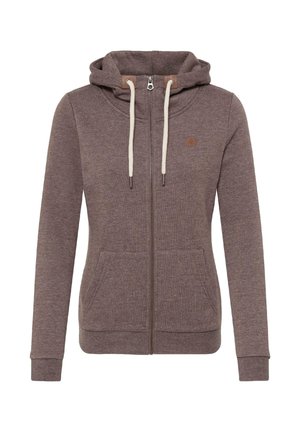 Brun lynlåstrøje med hætte, cremefarvede snore, to forlommer og et lille logo på brystet. Blød stoftekstur og tætsiddende design.