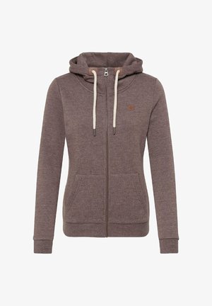 Rjava jopa z zadrgo, kapuco, krem ročaji za zategovanje, dvema sprednjima žepoma in majhnim logotipom na prsih. Mehka tekstura tkanine in oprijet dizajn.