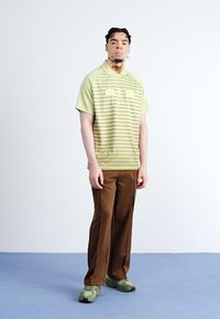 Lys grøn stribet polo shirt med krave, parret med brune vide bukser og grønne mønstrede fodtøj. Simpelt design og blød tekstur.