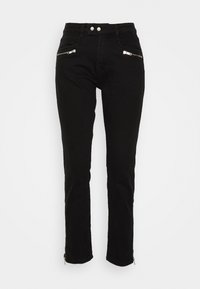 Jeans neri attillati in denim, con tasche anteriori con zip, chiusura a doppio bottone e zip alla caviglia, che mettono in risalto un design aderente e una texture liscia.