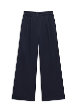 Navy blue wide-leg trousers with front pleats, button closure, belt loops, and side pockets, laid flat on white background.