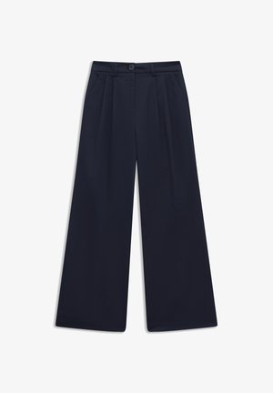 Navy blue wide-leg trousers with front pleats, button closure, belt loops, and side pockets, laid flat on white background.
