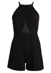 Black romper with a halter neckline and twisted front design. Features a lace panel at the back and pleated shorts for added texture.