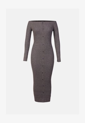Schulterfreies, langärmliges Rippkleid in Dunkelgrau mit taillierter Form und Knopfverschluss vorne. Weicher strukturierter Stoff.