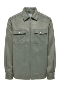 Gray, long-sleeve jacket made of soft fabric. Features a zip front, point collar, and two chest pockets with snap closures.