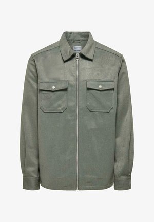 Gray, long-sleeve jacket made of soft fabric. Features a zip front, point collar, and two chest pockets with snap closures.